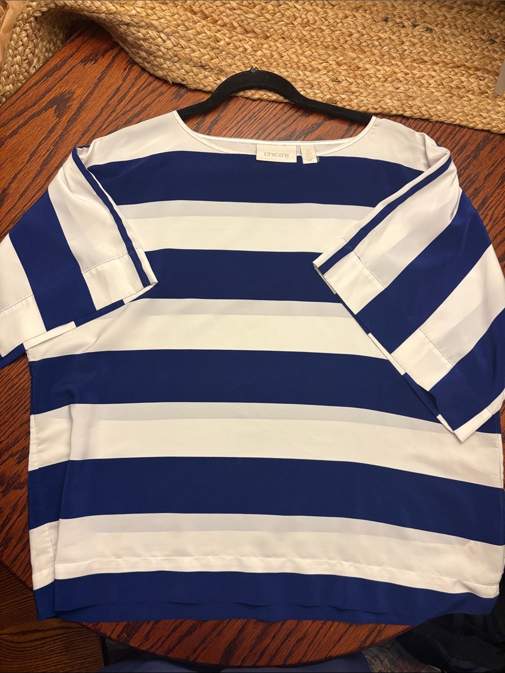 Chico's Navy and White Wide-Stripe Boxy Top
